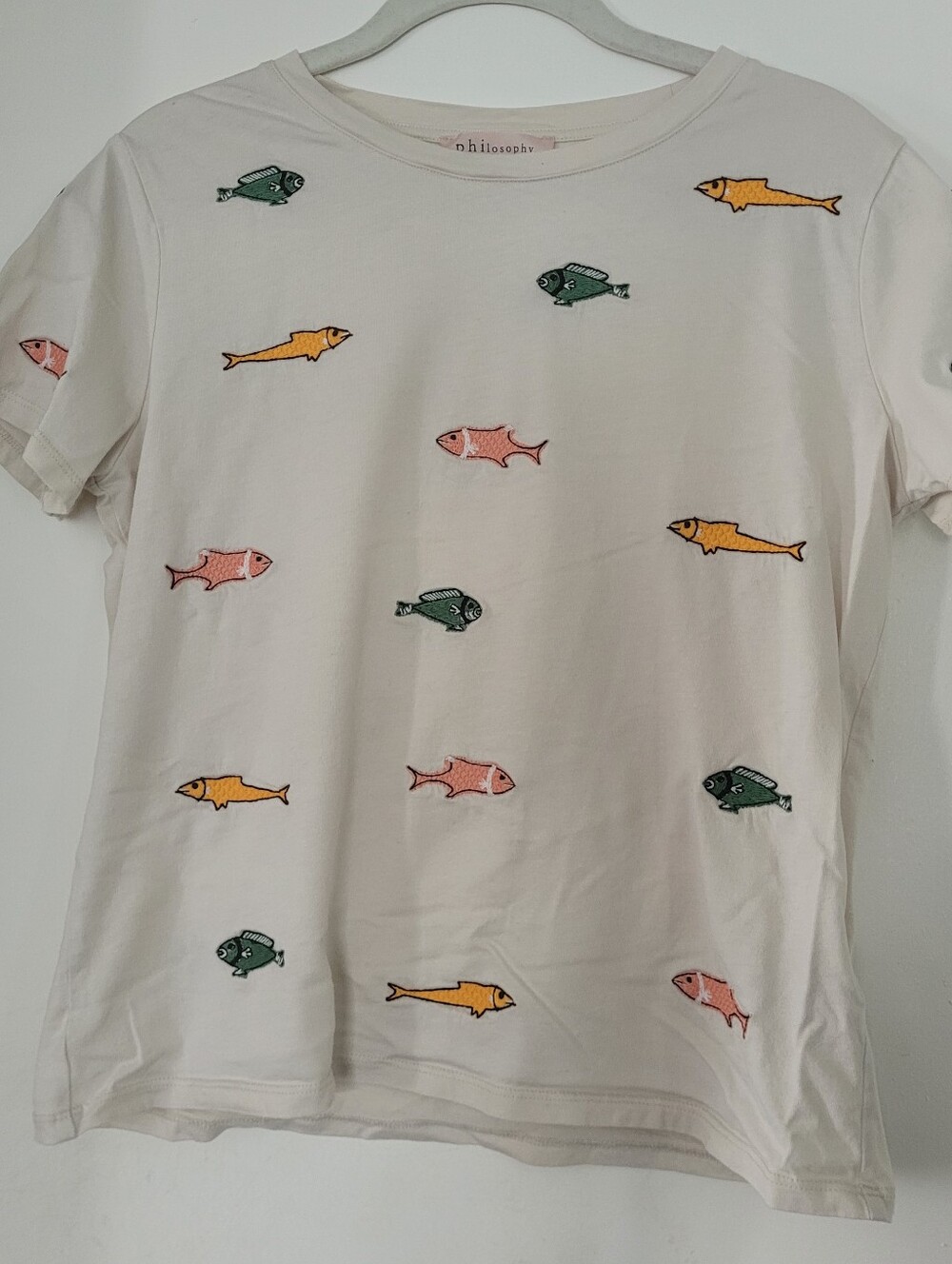 Philosophy Republic Clothing Women's Sz M Fish Embroidered Crew Neck Tee Cotton
